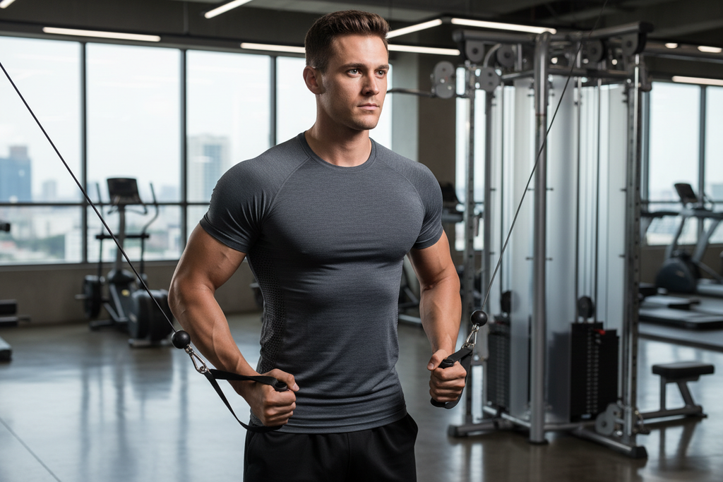 Athletic man wearing men's performance workout shirt in gym